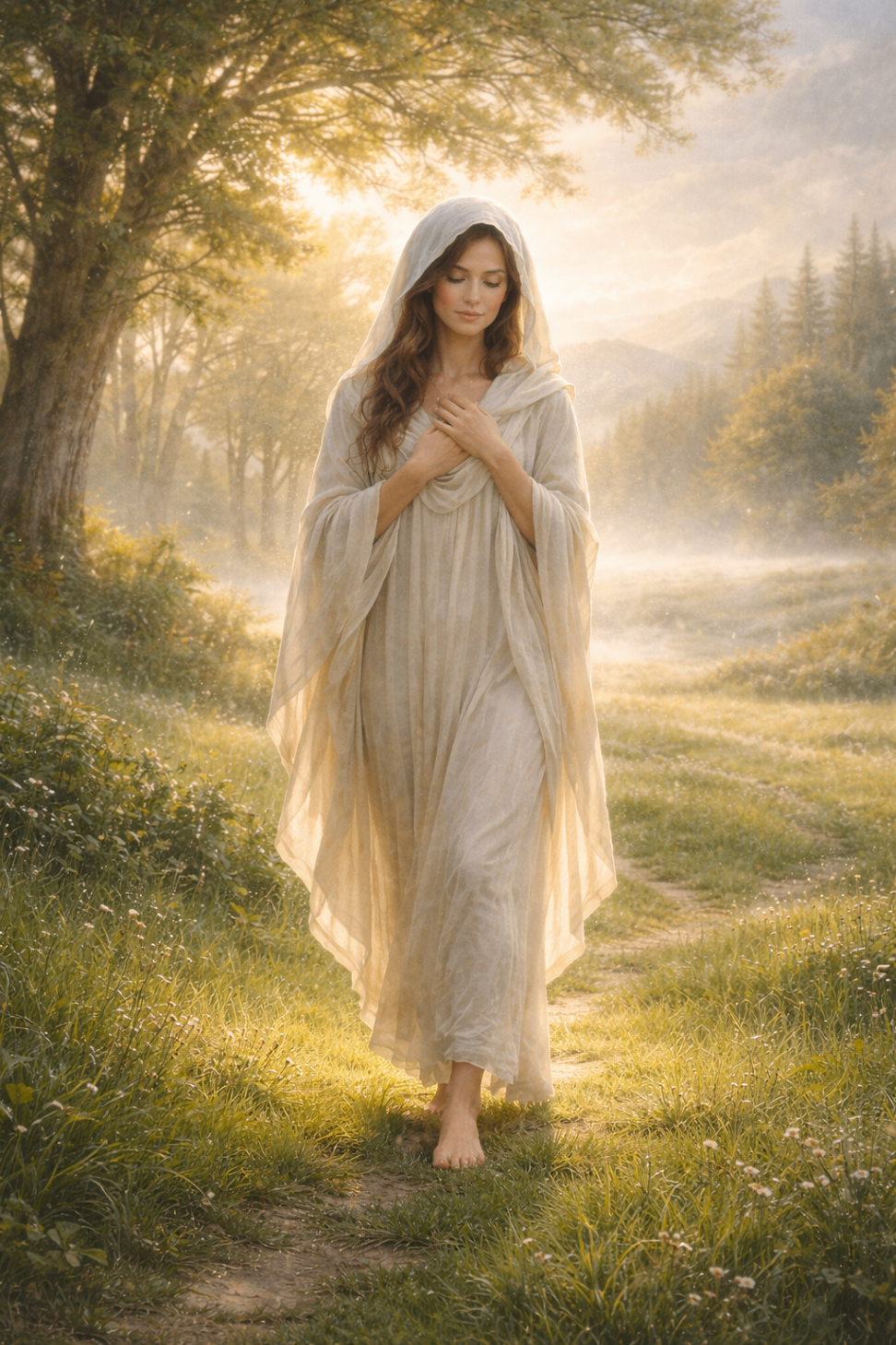Sophia walking through a still morning meadow